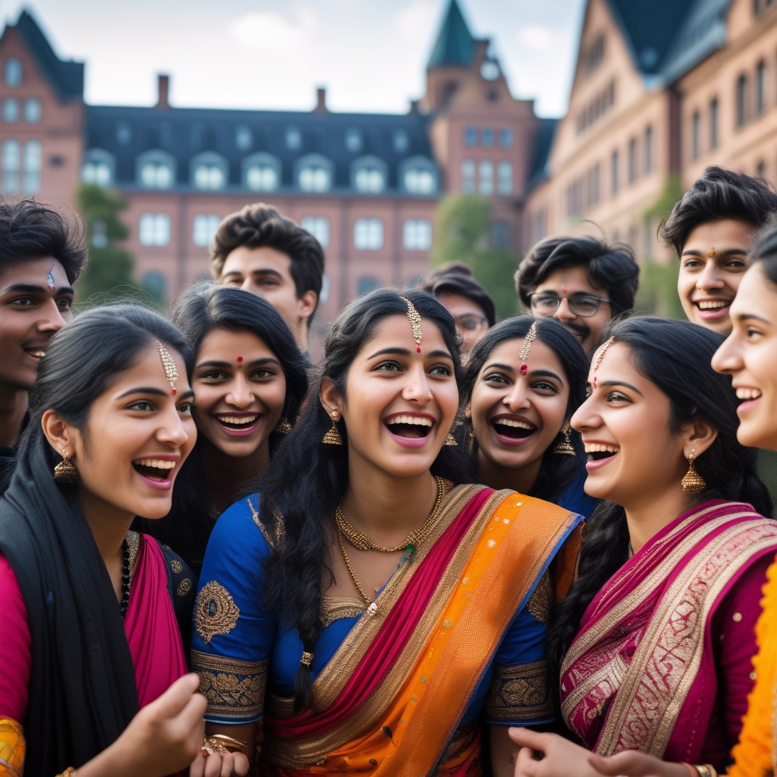 Diverse group of Indian students collaborating in a European university setting